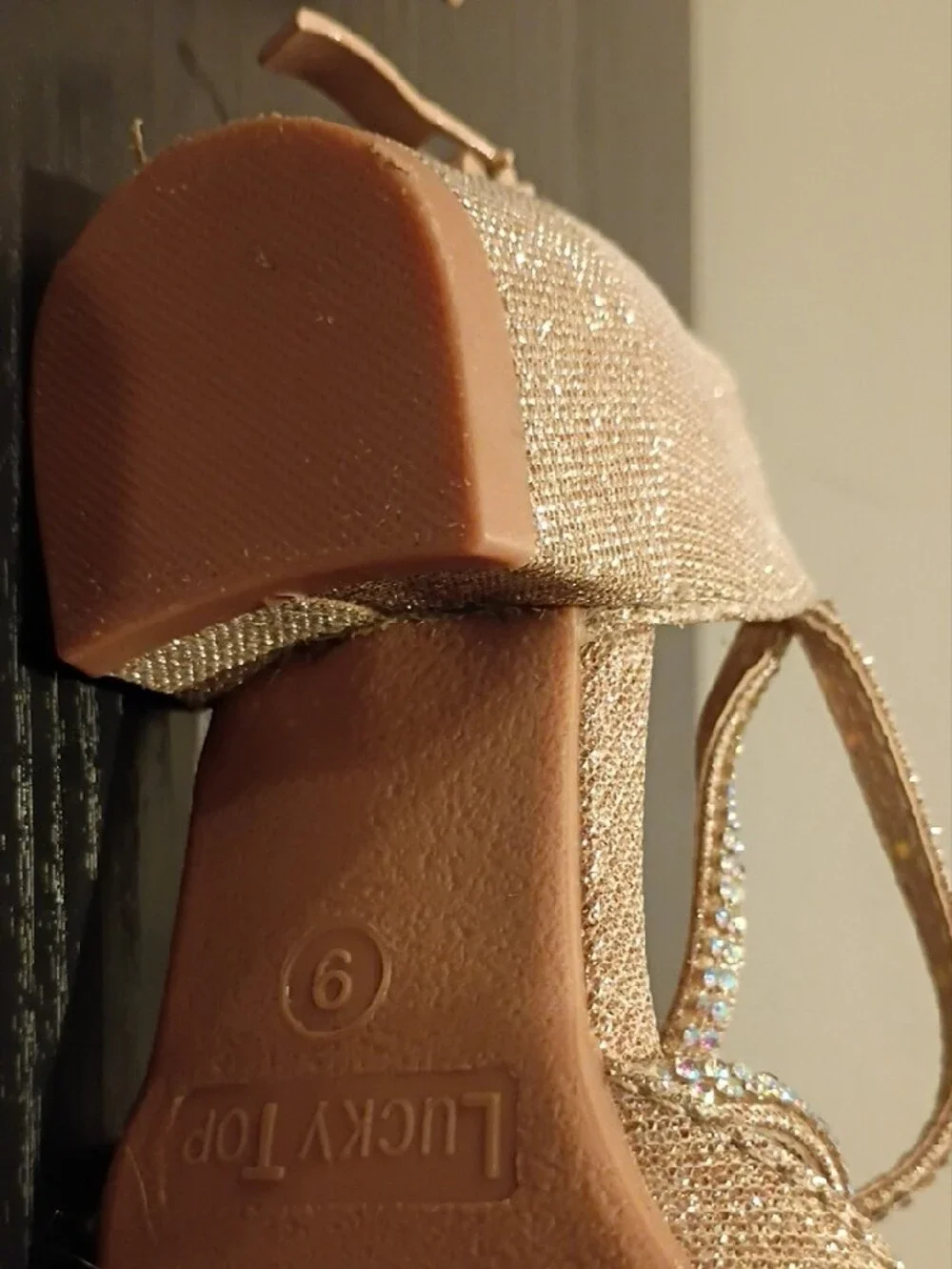 Lucky Top Girls' Gold Glitter Dress Heels with Rhinestone Straps